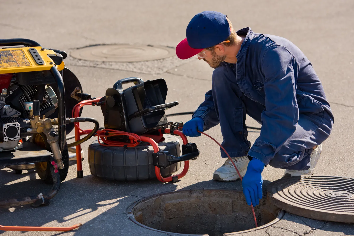 Technician performing a sewer camera inspection through an open manhole