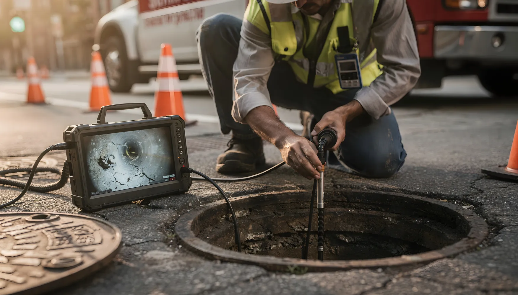 Technician performing a sewer camera inspection through an open manhole